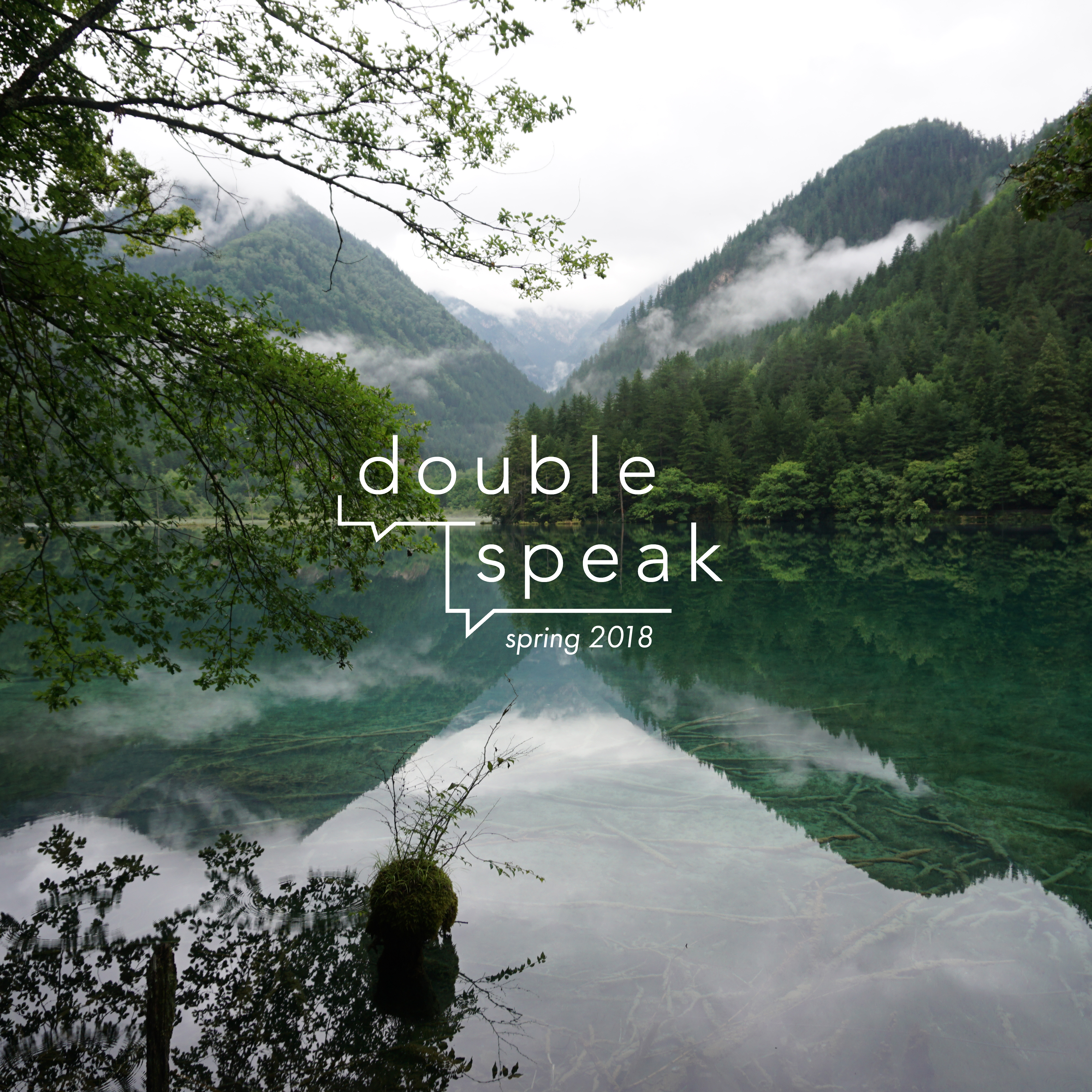 spring 2018 cover: forest reflected in lake.