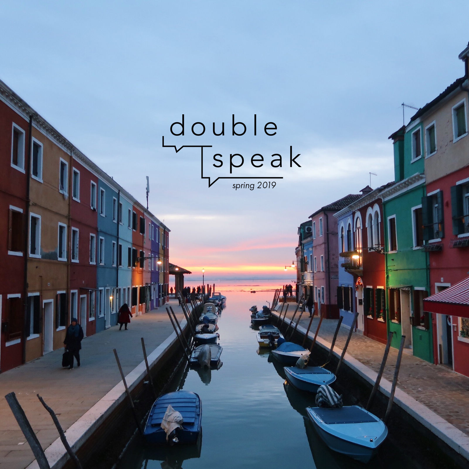 spring 2019 cover: A canal in Venice lined with colorful buildings. The background is a vibrant sunset.