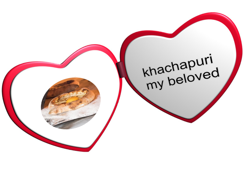 A heart locket with a picture of the Georgian bread khachapuri and the text “khachapuri my beloved.”